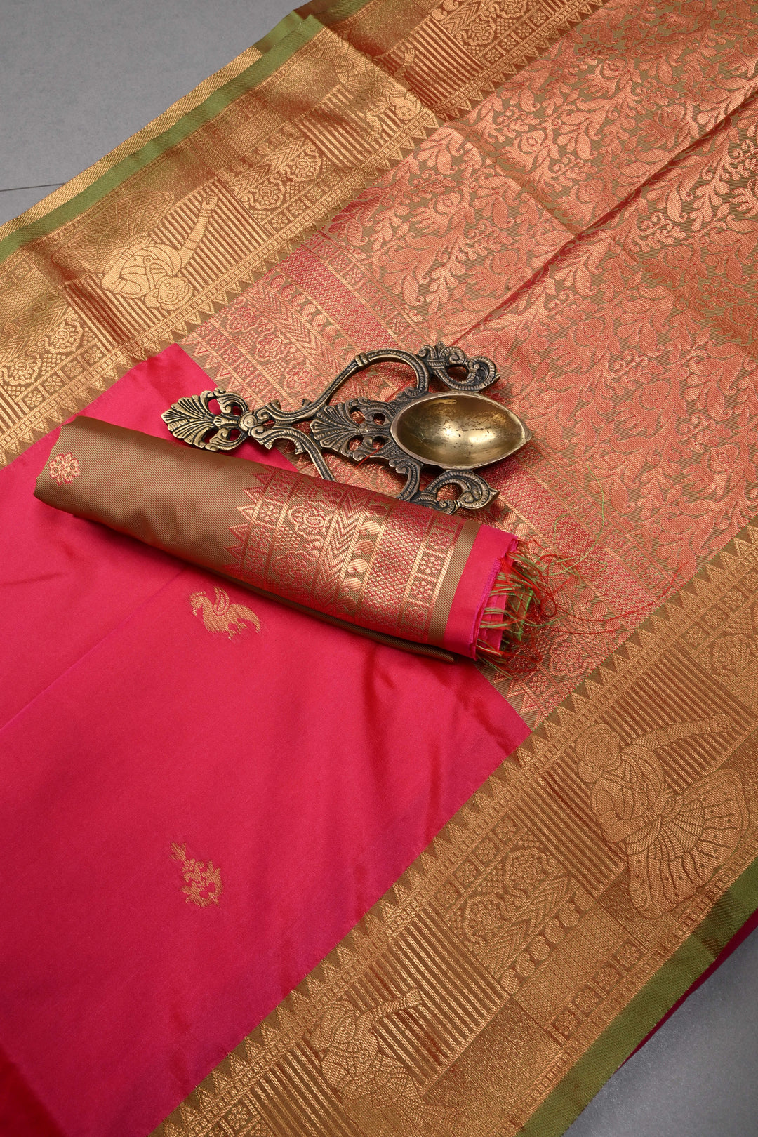 Hot Pink Kanchi Semi Silk Saree with Zari Buttas and Contrast Zari Border | SHOBITAM