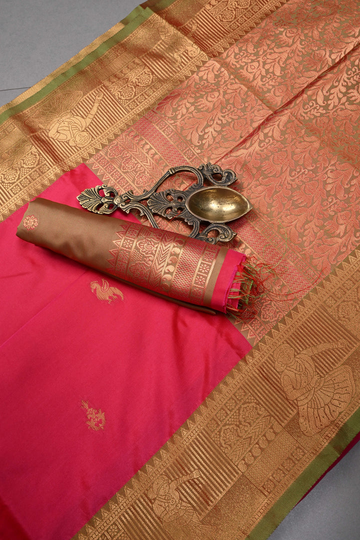 Hot Pink Kanchi Semi Silk Saree with Zari Buttas and Contrast Zari Border | SHOBITAM