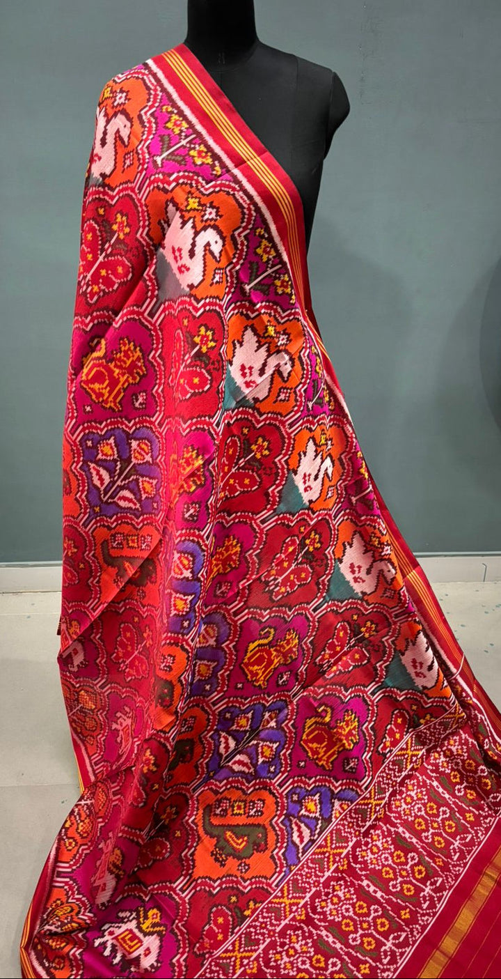 Dupatta : Twill Weave Authentic Single  Ikkat Patan Patola Handwoven Pure Silk Duptatta in Multicolor with Rangkat Style Twill Design | SILK MARK CERTIFIED | SHOBITAM