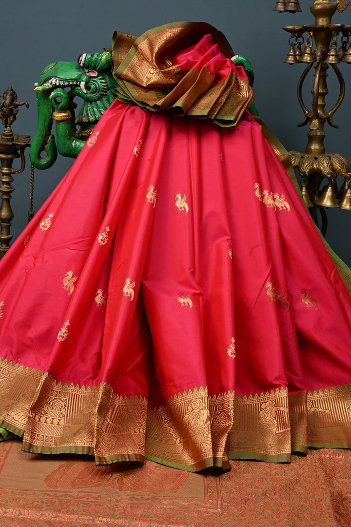 Hot Pink Kanchi Semi Silk Saree with Zari Buttas and Contrast Zari Border | SHOBITAM