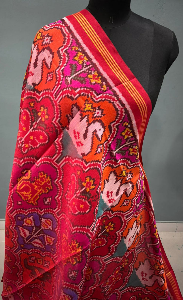 Dupatta : Twill Weave Authentic Single  Ikkat Patan Patola Handwoven Pure Silk Duptatta in Multicolor with Rangkat Style Twill Design | SILK MARK CERTIFIED | SHOBITAM