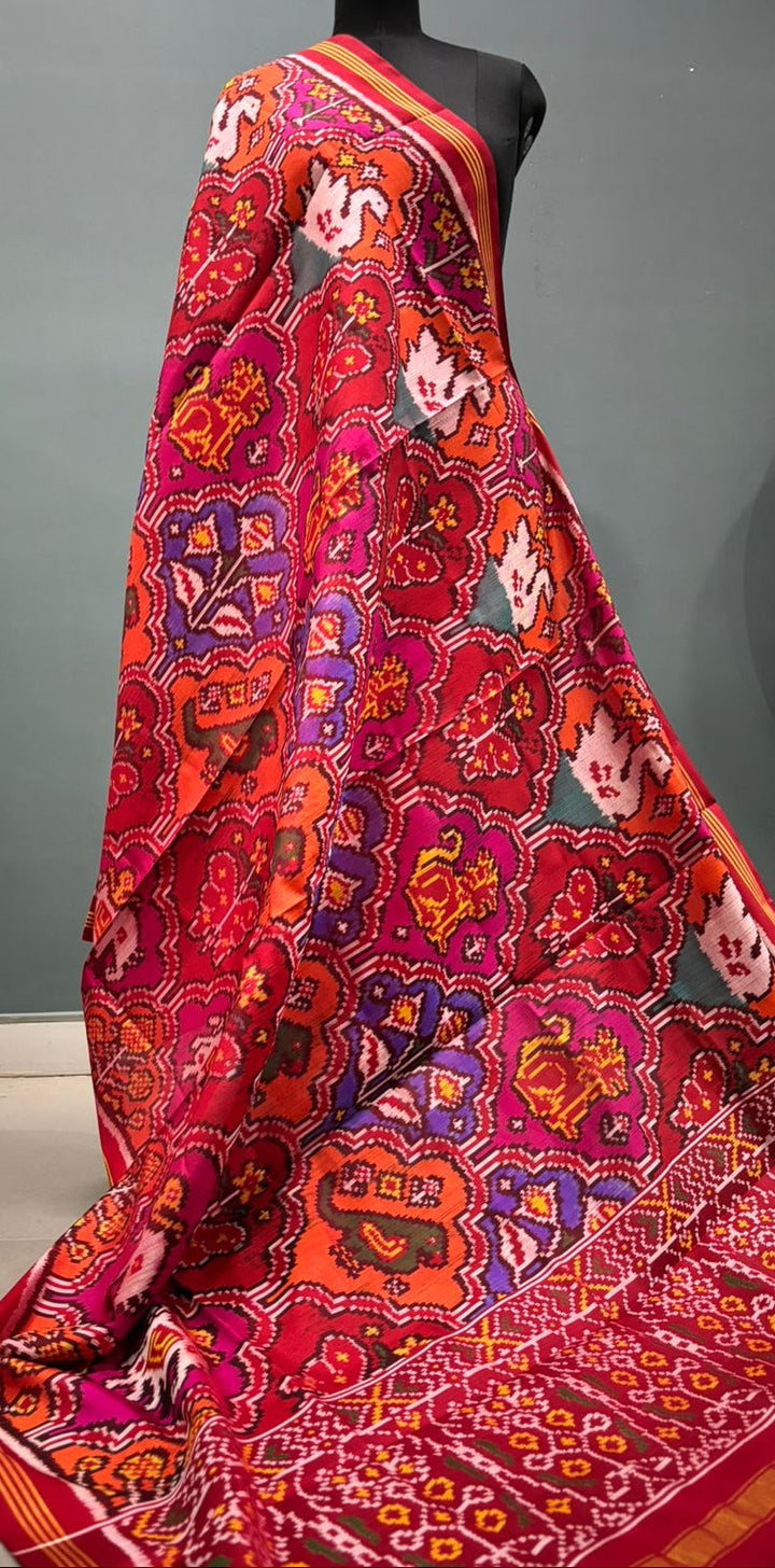Dupatta : Twill Weave Authentic Single  Ikkat Patan Patola Handwoven Pure Silk Duptatta in Multicolor with Rangkat Style Twill Design | SILK MARK CERTIFIED | SHOBITAM