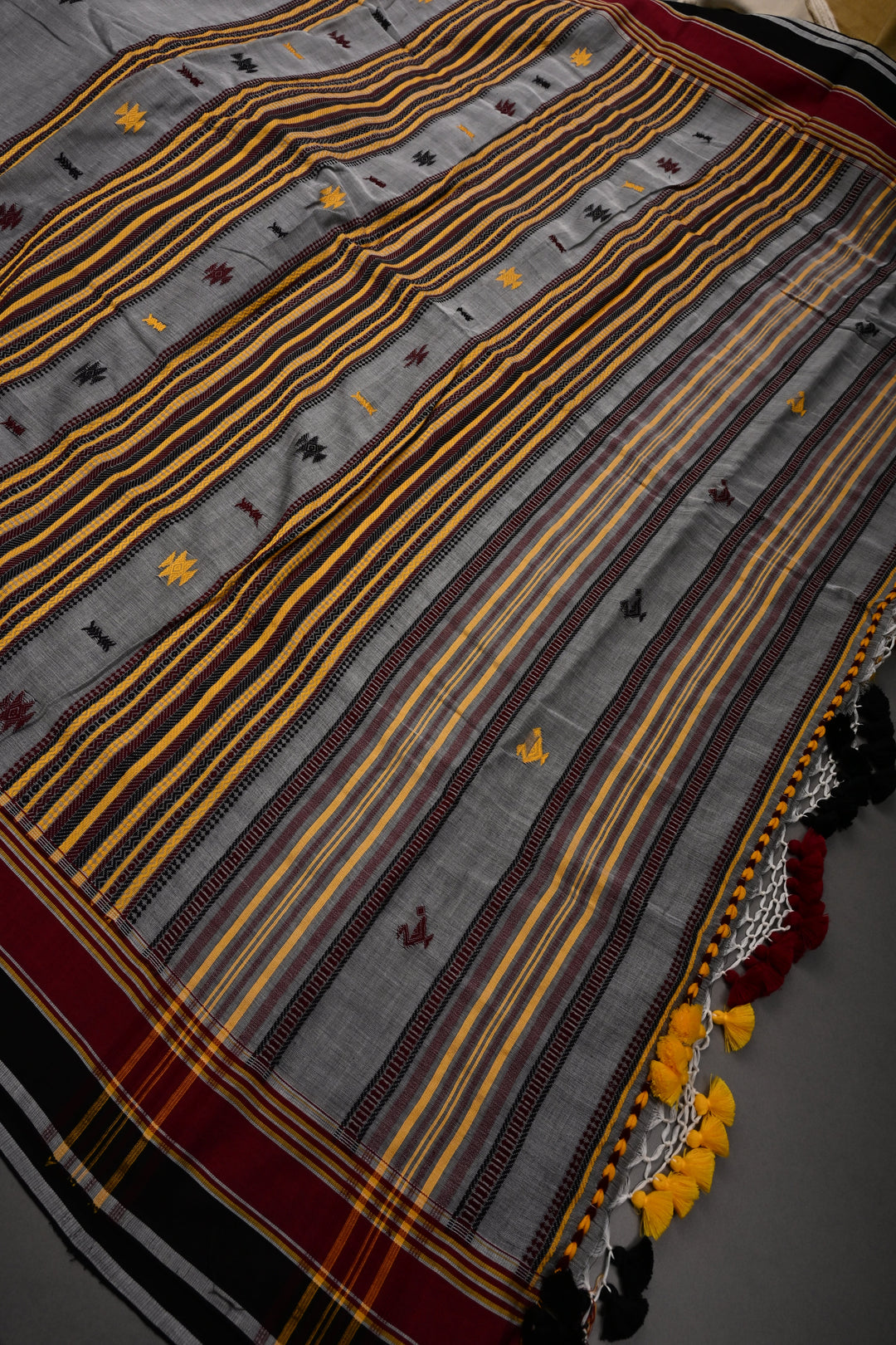 Gray Bhujodi Kala Cotton Saree with Thread work and Contrast Border | SHOBITAM