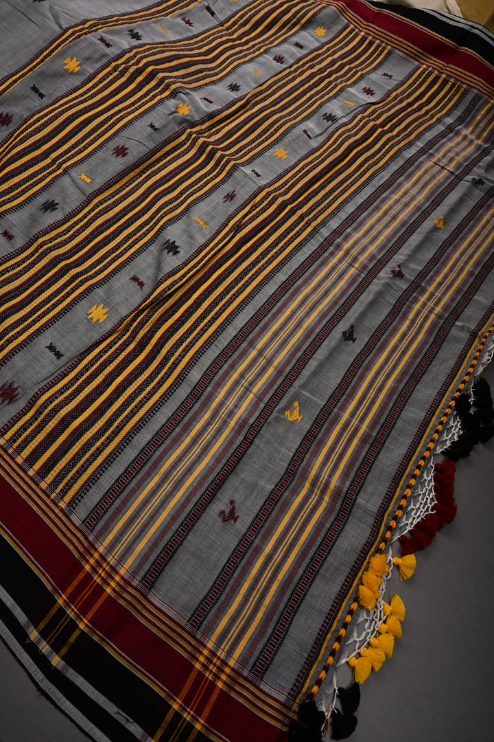 Gray Bhujodi Kala Cotton Saree with Thread work and Contrast Border | SHOBITAM