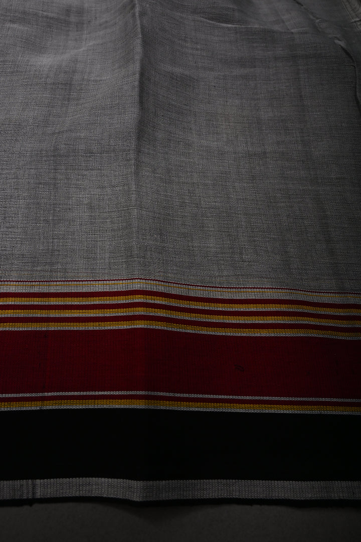Gray Bhujodi Kala Cotton Saree with Thread work and Contrast Border | SHOBITAM