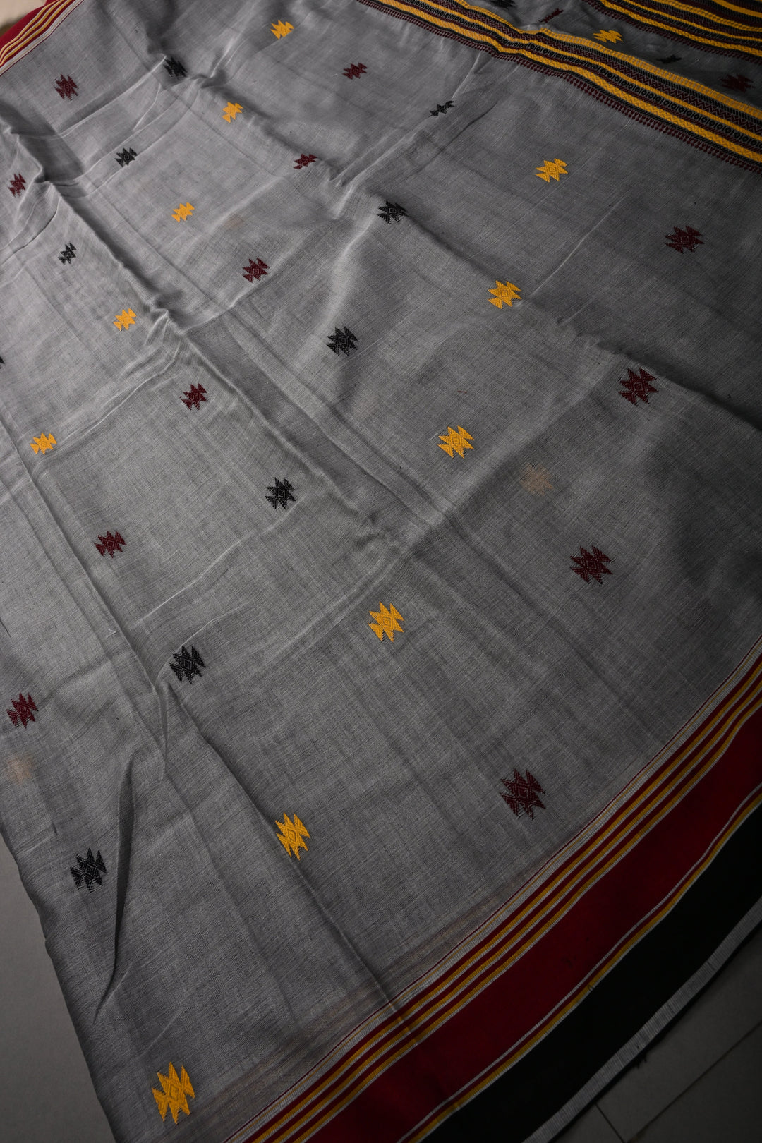 Gray Bhujodi Kala Cotton Saree with Thread work and Contrast Border | SHOBITAM