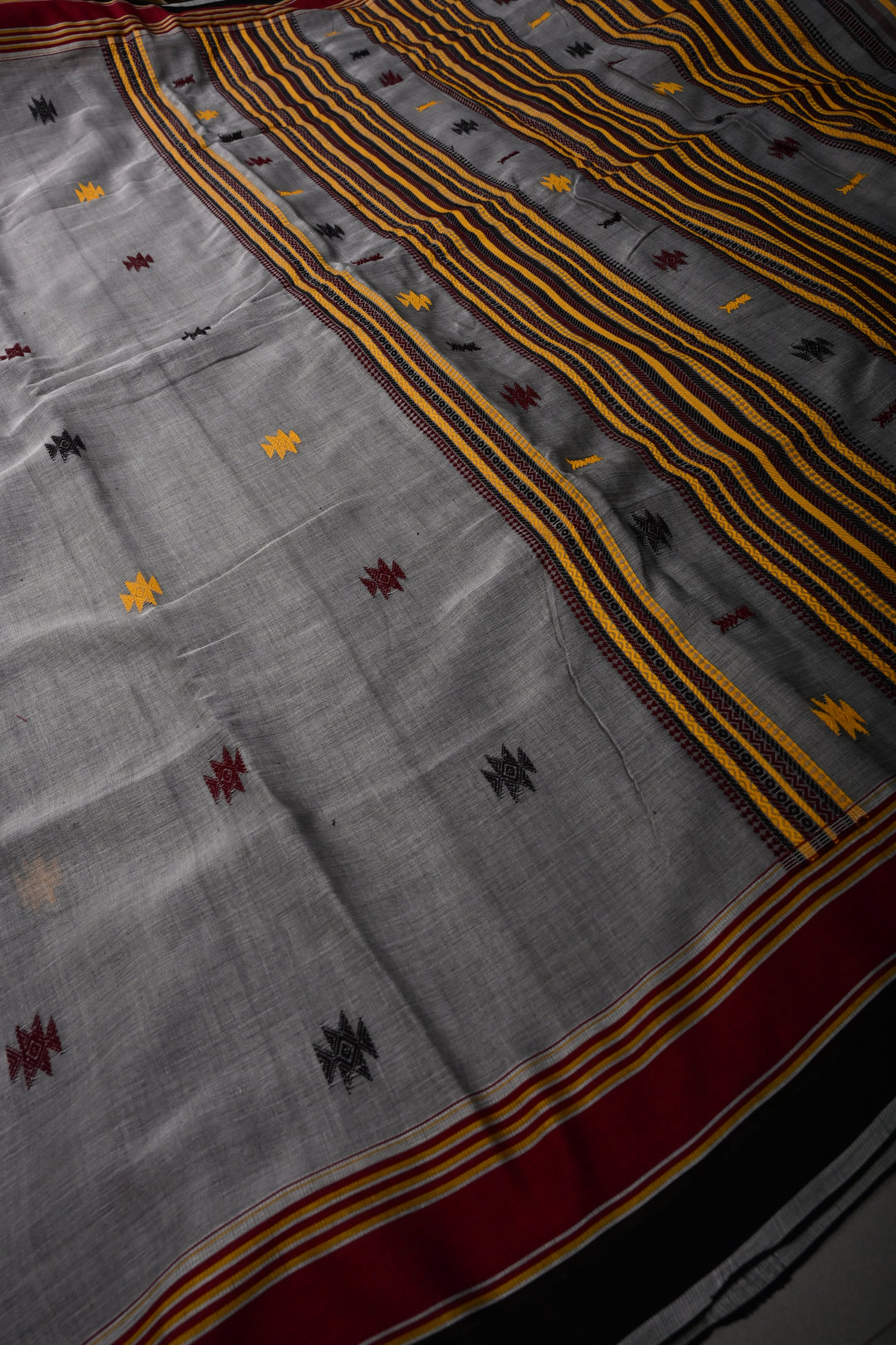 Gray Bhujodi Kala Cotton Saree with Thread work and Contrast Border | SHOBITAM