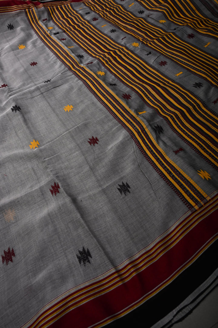 Gray Bhujodi Kala Cotton Saree with Thread work and Contrast Border | SHOBITAM