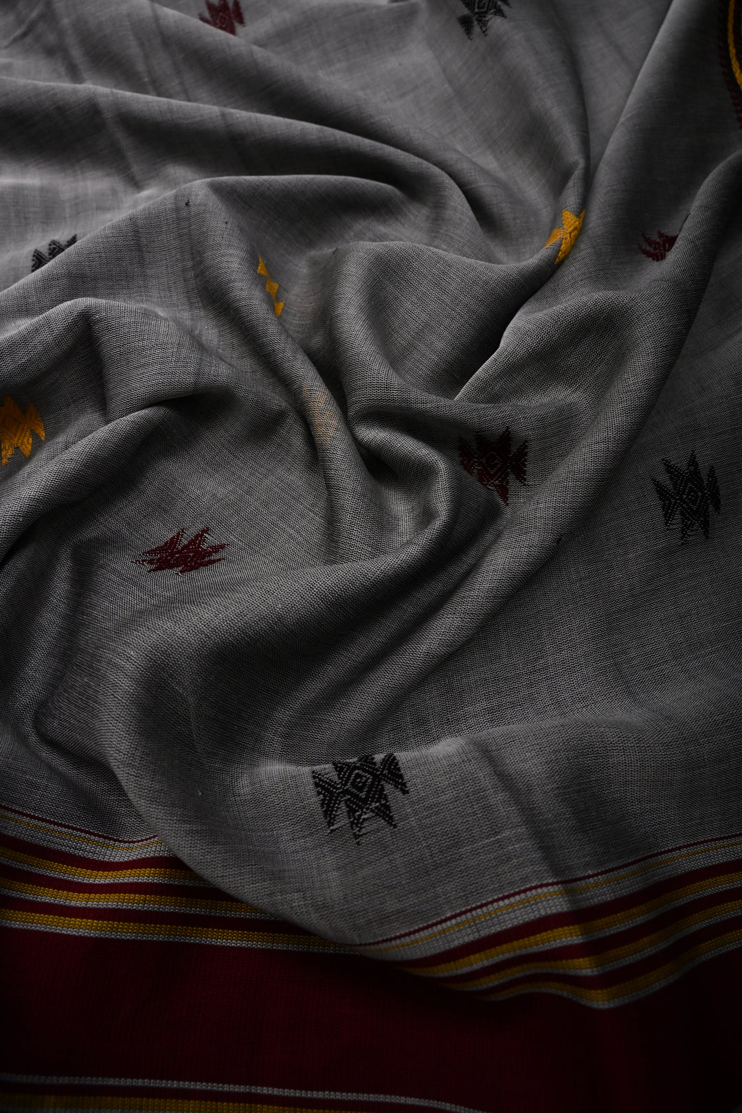 Gray Bhujodi Kala Cotton Saree with Thread work and Contrast Border | SHOBITAM