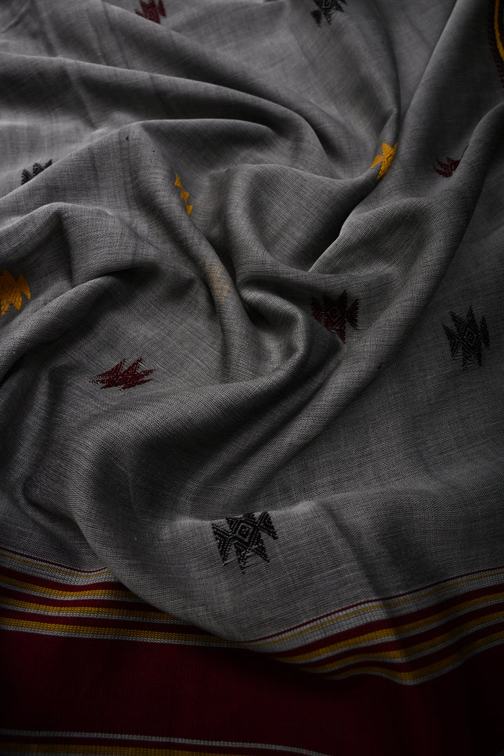 Gray Bhujodi Kala Cotton Saree with Thread work and Contrast Border | SHOBITAM