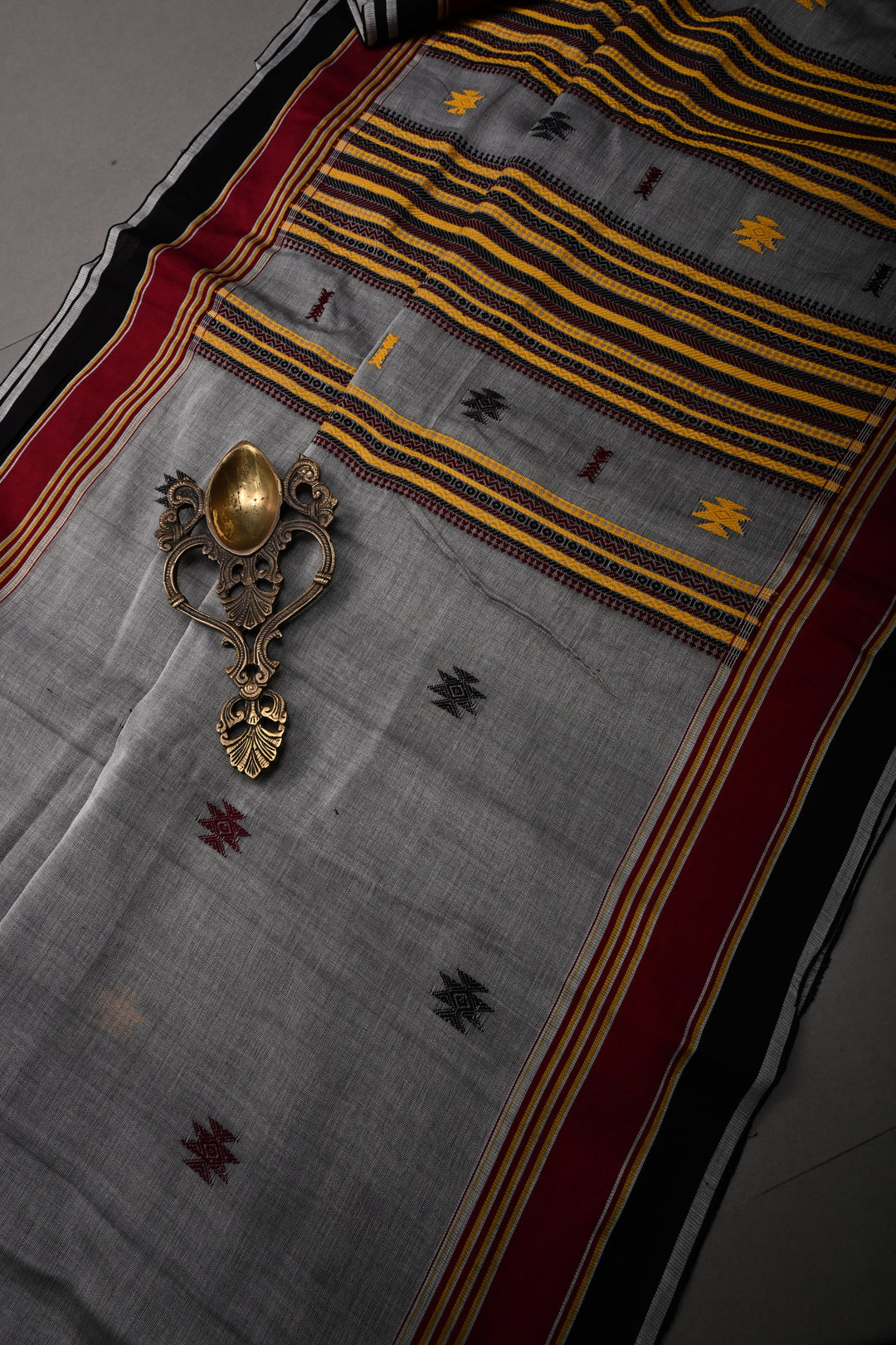 Gray Bhujodi Kala Cotton Saree with Thread work and Contrast Border | SHOBITAM