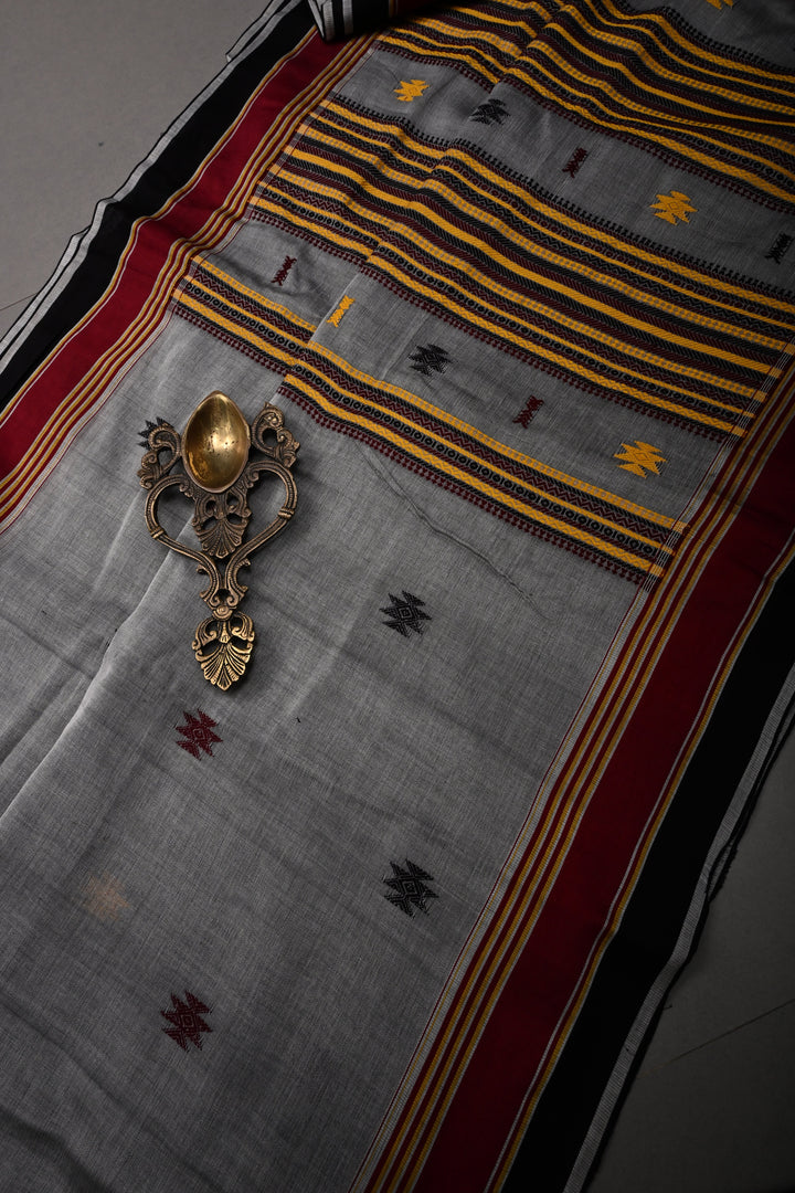 Gray Bhujodi Kala Cotton Saree with Thread work and Contrast Border | SHOBITAM