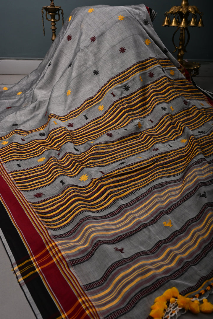 Gray Bhujodi Kala Cotton Saree with Thread work and Contrast Border | SHOBITAM