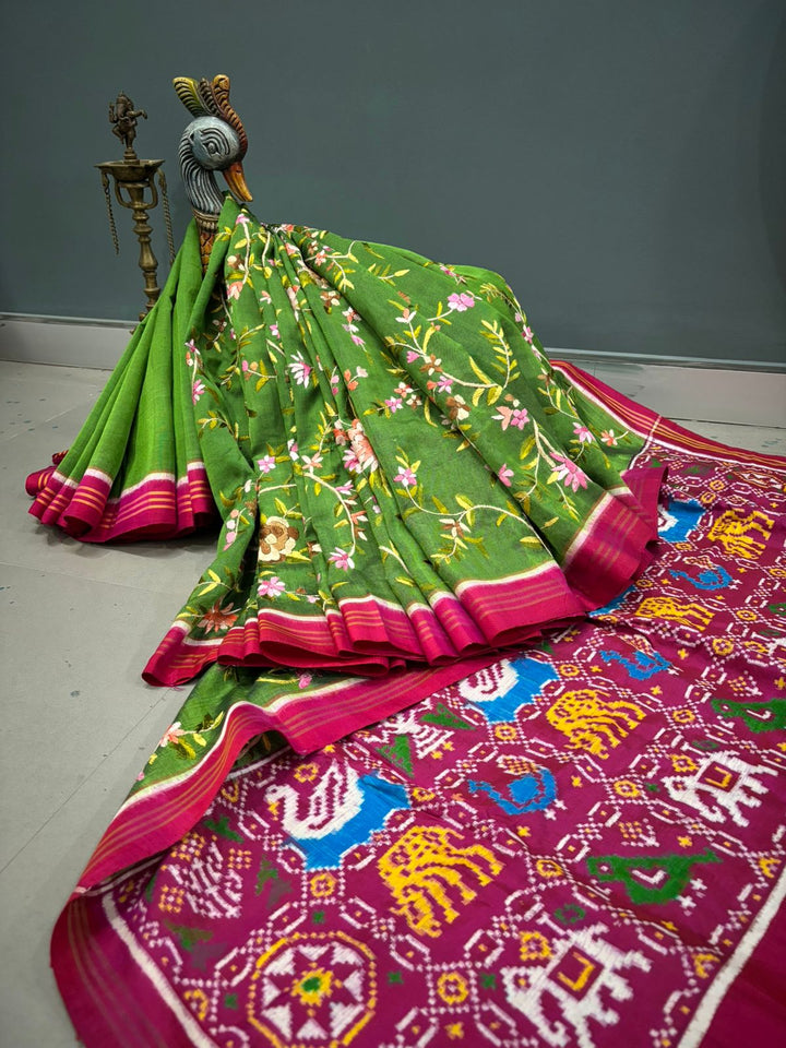 Authentic Double Ikkat Patan Patola Handwoven Saree in Deep Mehendi Green  with Parsi Gara Full Jaal Hand Embroidery and Reddish Pink Border | SILK MARK CERTIFIED | SHOBITAM