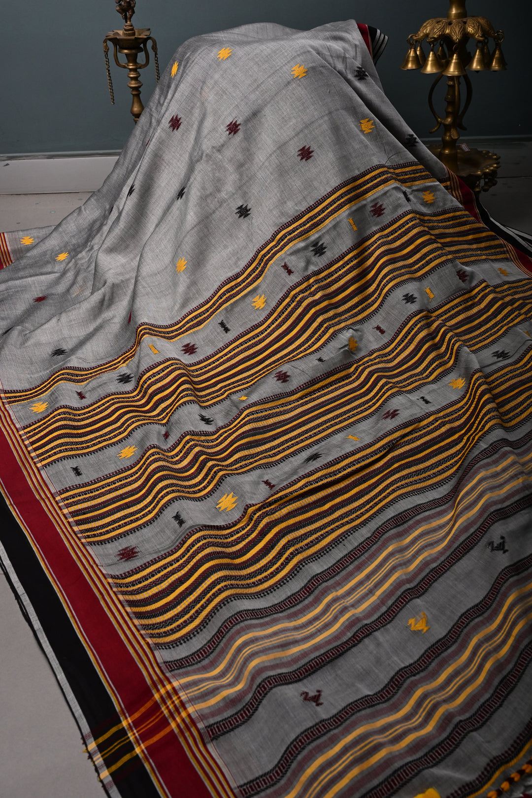Gray Bhujodi Kala Cotton Saree with Thread work and Contrast Border | SHOBITAM