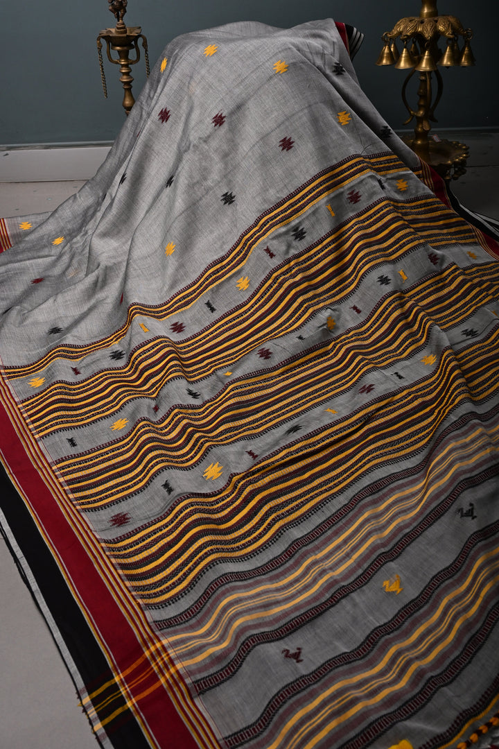 Gray Bhujodi Kala Cotton Saree with Thread work and Contrast Border | SHOBITAM