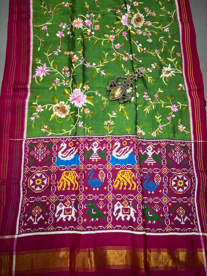 Authentic Double Ikkat Patan Patola Handwoven Saree in Deep Mehendi Green  with Parsi Gara Full Jaal Hand Embroidery and Reddish Pink Border | SILK MARK CERTIFIED | SHOBITAM