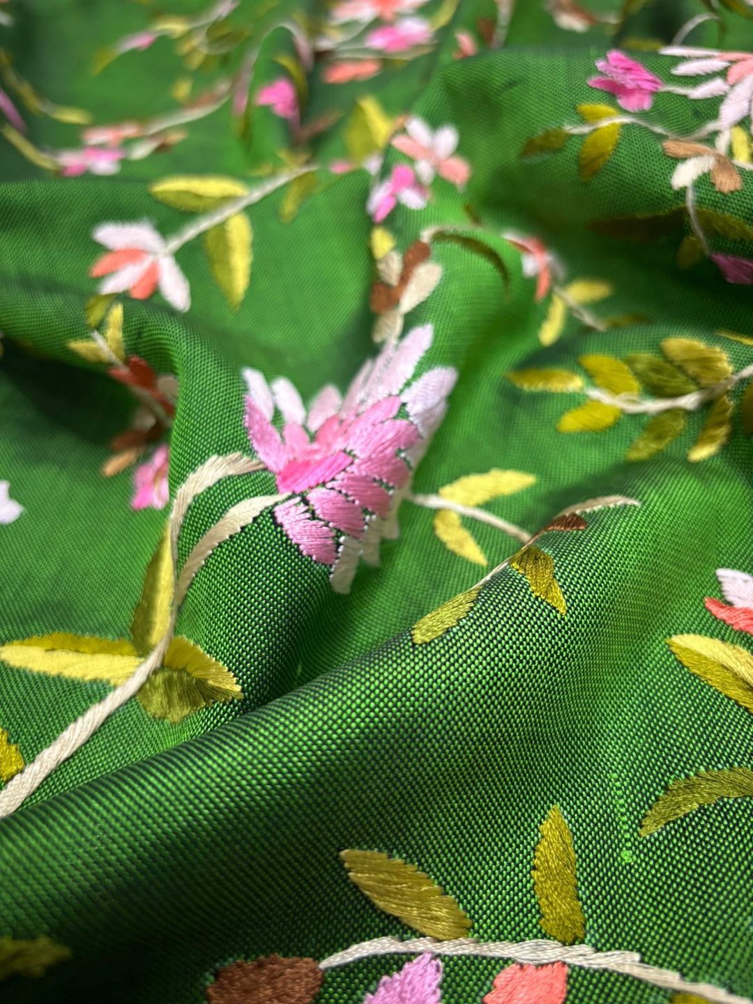 Authentic Double Ikkat Patan Patola Handwoven Saree in Deep Mehendi Green  with Parsi Gara Full Jaal Hand Embroidery and Reddish Pink Border | SILK MARK CERTIFIED | SHOBITAM