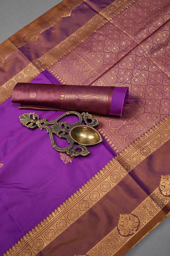 Vadamalli Kanchi Semi Silk Saree with Zari Buttas and Rettaipet Contrast Zari Border | SHOBITAM