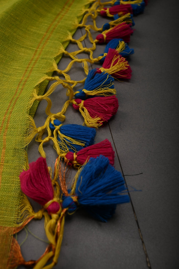 Chartreuse Handloom Linen with Paithani Border Saree | SHOBITAM