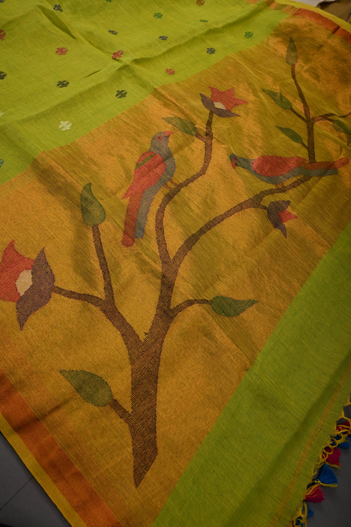Chartreuse Handloom Linen with Paithani Border Saree | SHOBITAM