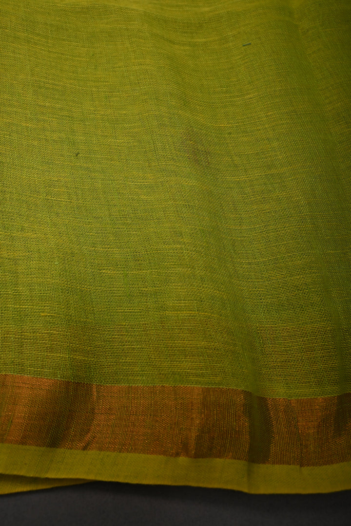 Chartreuse Handloom Linen with Paithani Border Saree | SHOBITAM