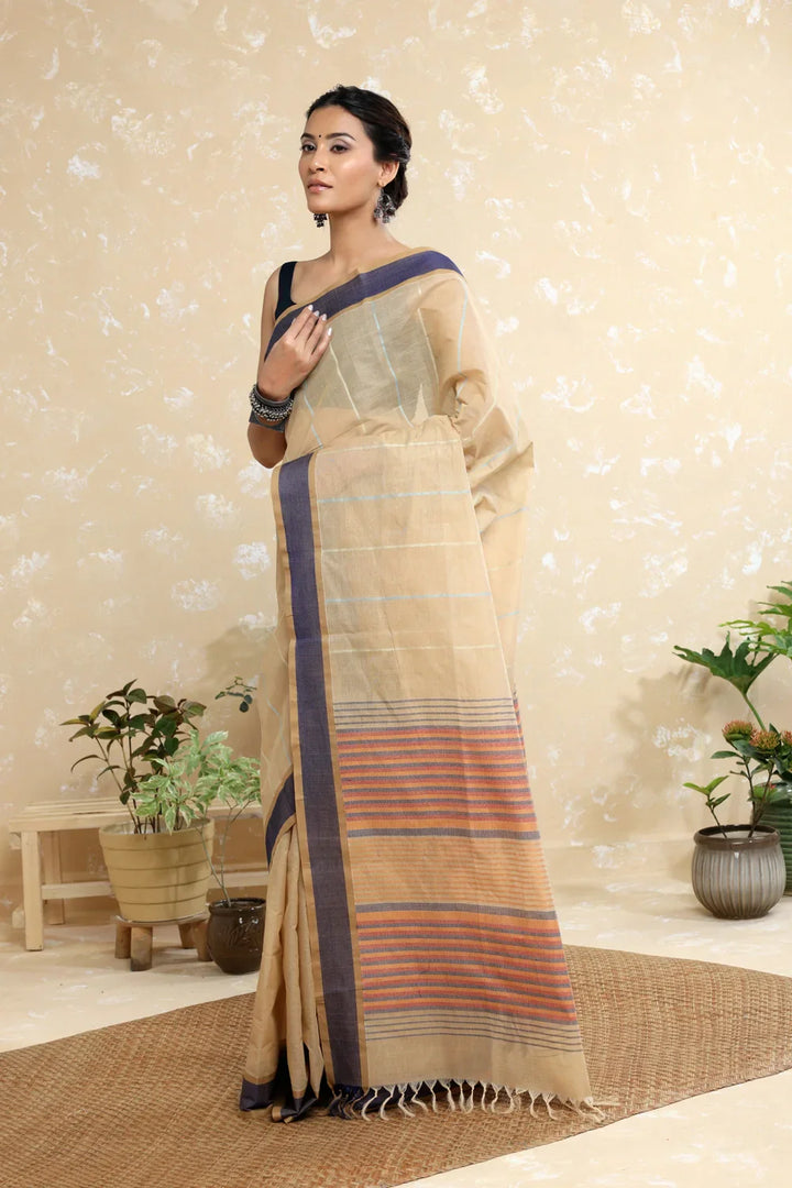 Handloom Sand Brown Pure Cotton Kanchi Saree with Stripes | SHOBITAM