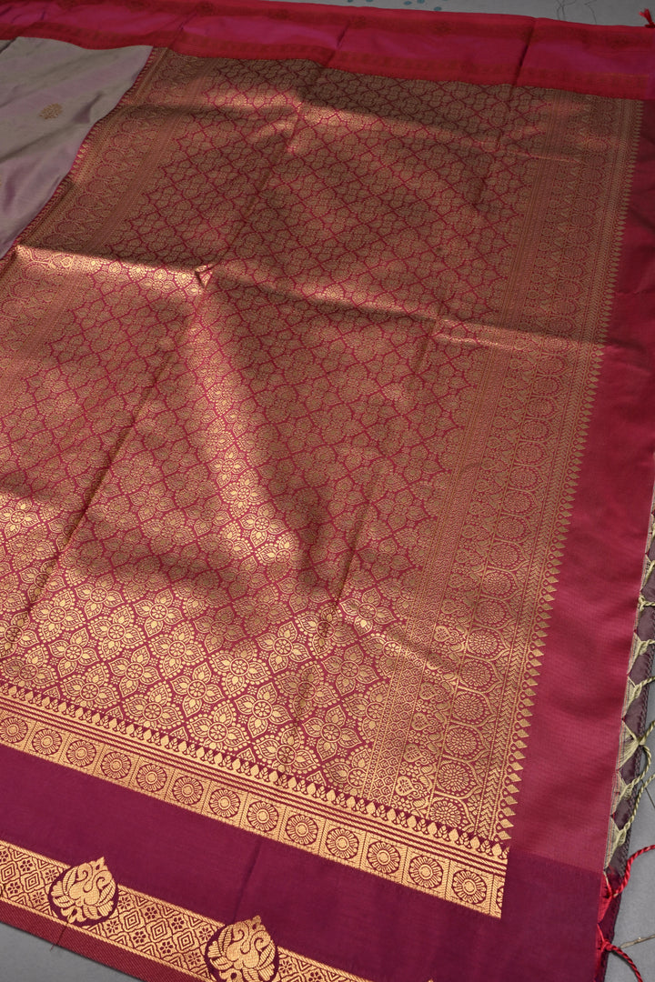 Gray Dual tone Kanchi Semi Silk Saree with Zari Buttas and Rettaipet Contrast Zari Border | SHOBITAM