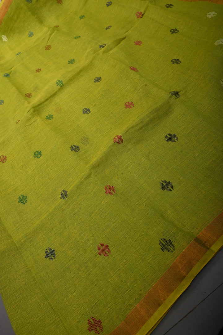 Chartreuse Handloom Linen with Paithani Border Saree | SHOBITAM