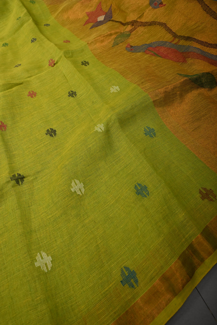 Chartreuse Handloom Linen with Paithani Border Saree | SHOBITAM