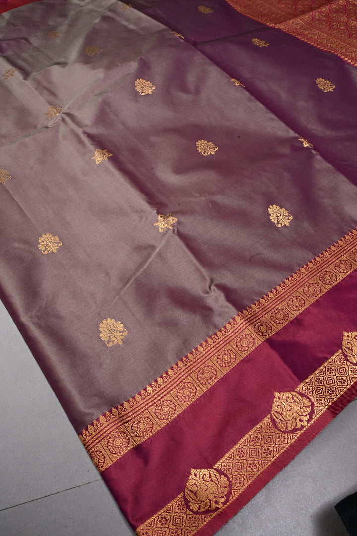 Gray Dual tone Kanchi Semi Silk Saree with Zari Buttas and Rettaipet Contrast Zari Border | SHOBITAM