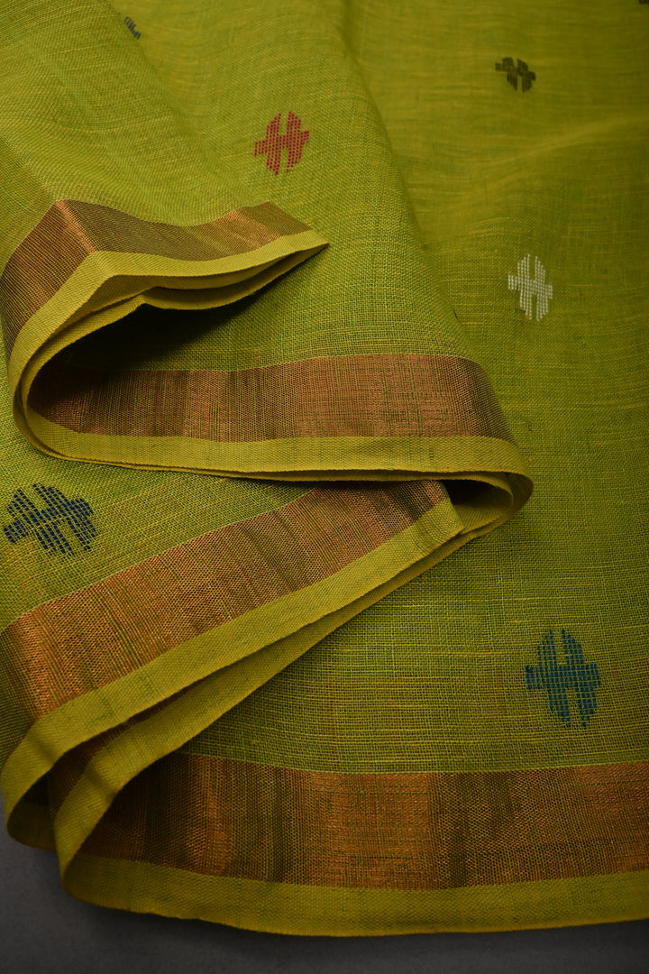 Chartreuse Handloom Linen with Paithani Border Saree | SHOBITAM