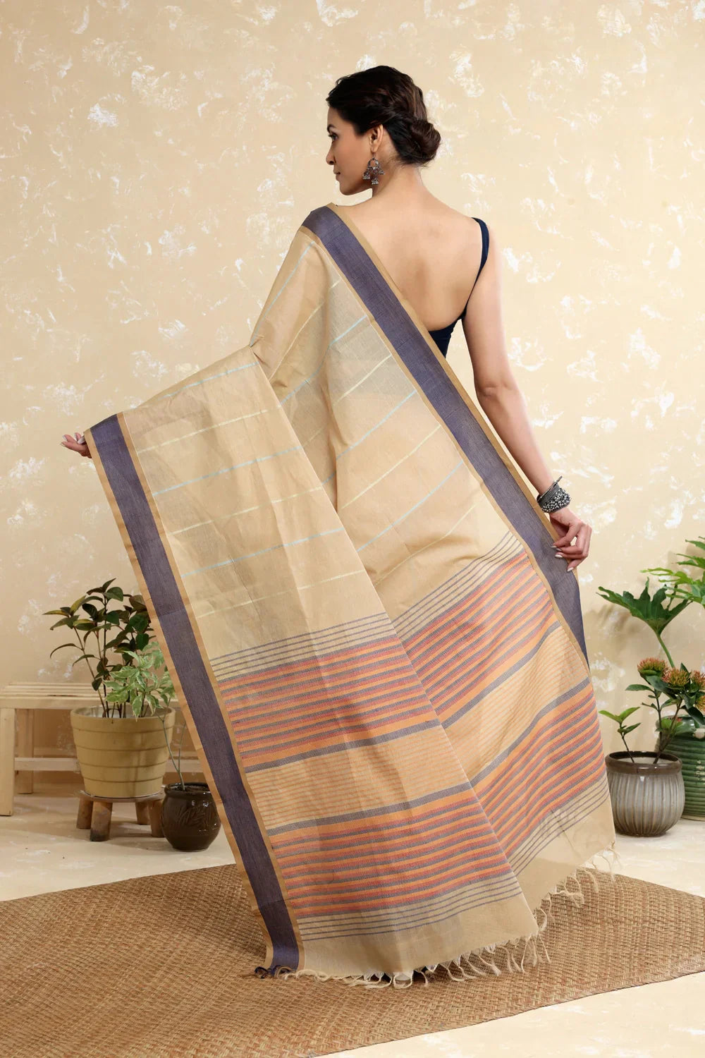 Handloom Sand Brown Pure Cotton Kanchi Saree with Stripes | SHOBITAM