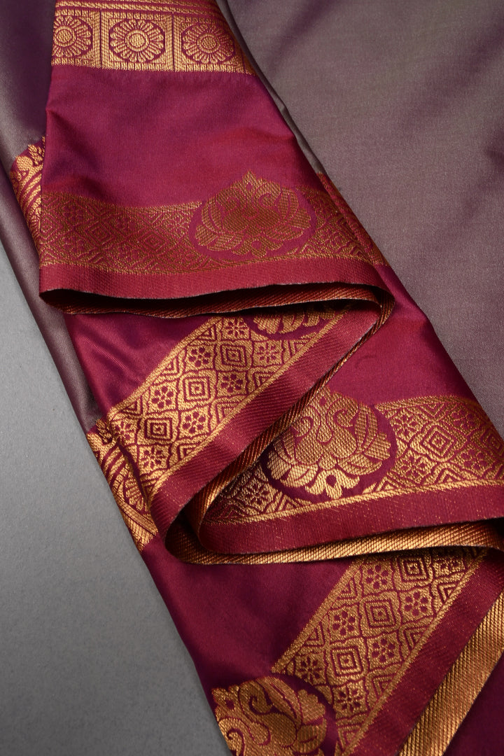 Gray Dual tone Kanchi Semi Silk Saree with Zari Buttas and Rettaipet Contrast Zari Border | SHOBITAM
