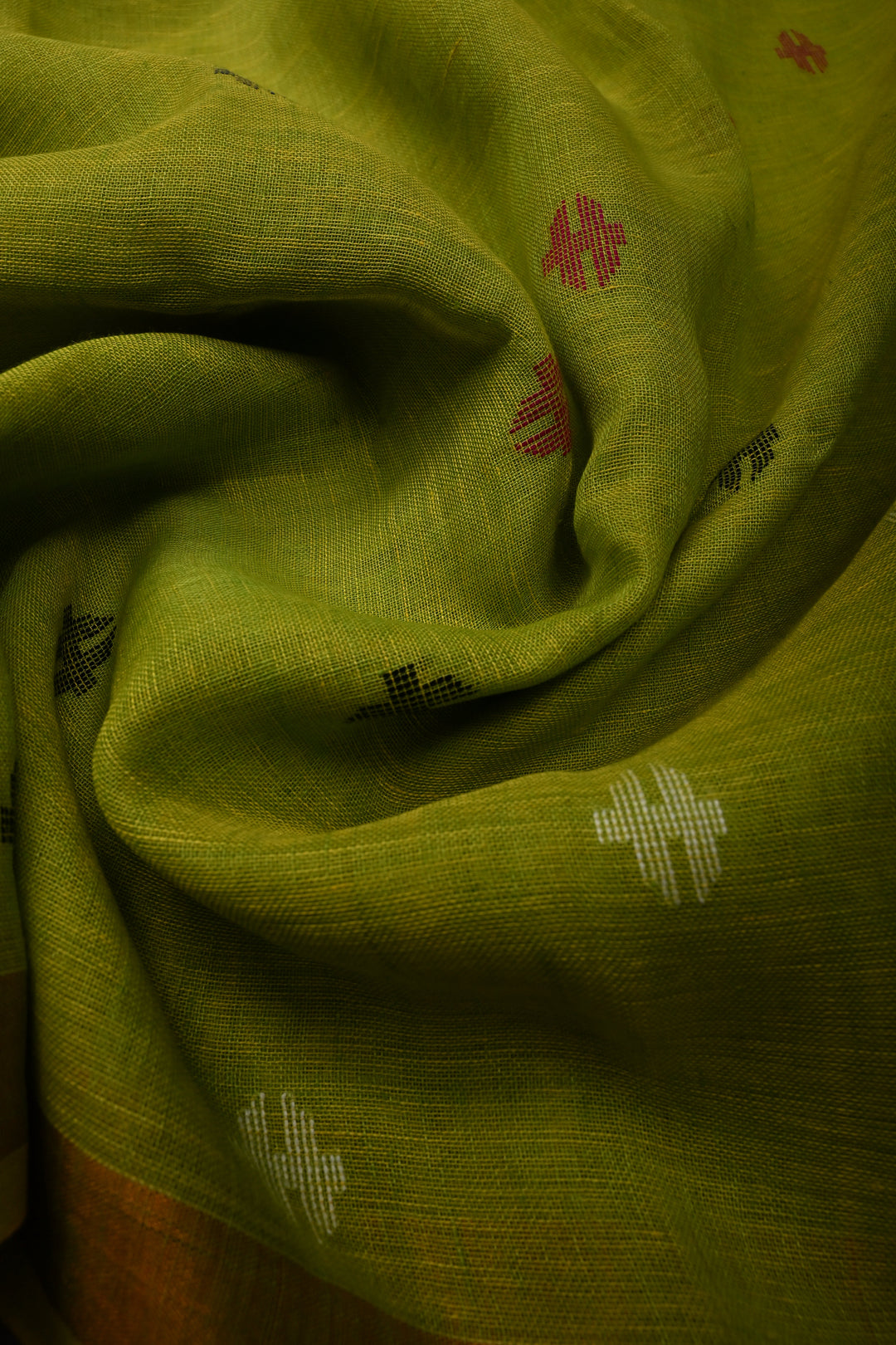 Chartreuse Handloom Linen with Paithani Border Saree | SHOBITAM