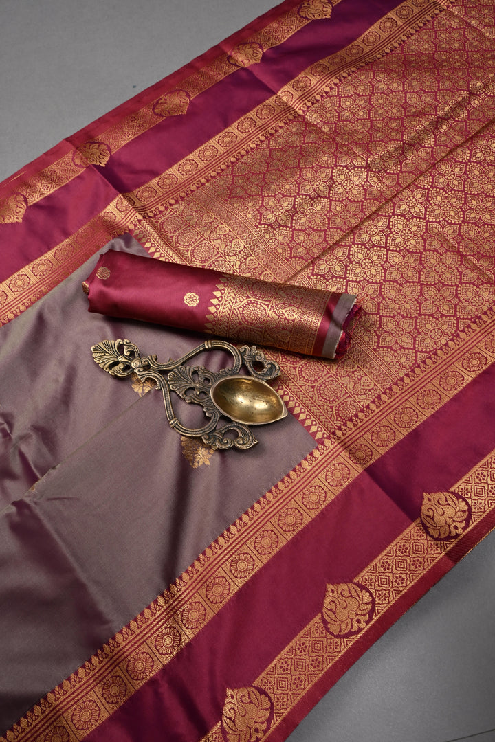 Gray Dual tone Kanchi Semi Silk Saree with Zari Buttas and Rettaipet Contrast Zari Border | SHOBITAM