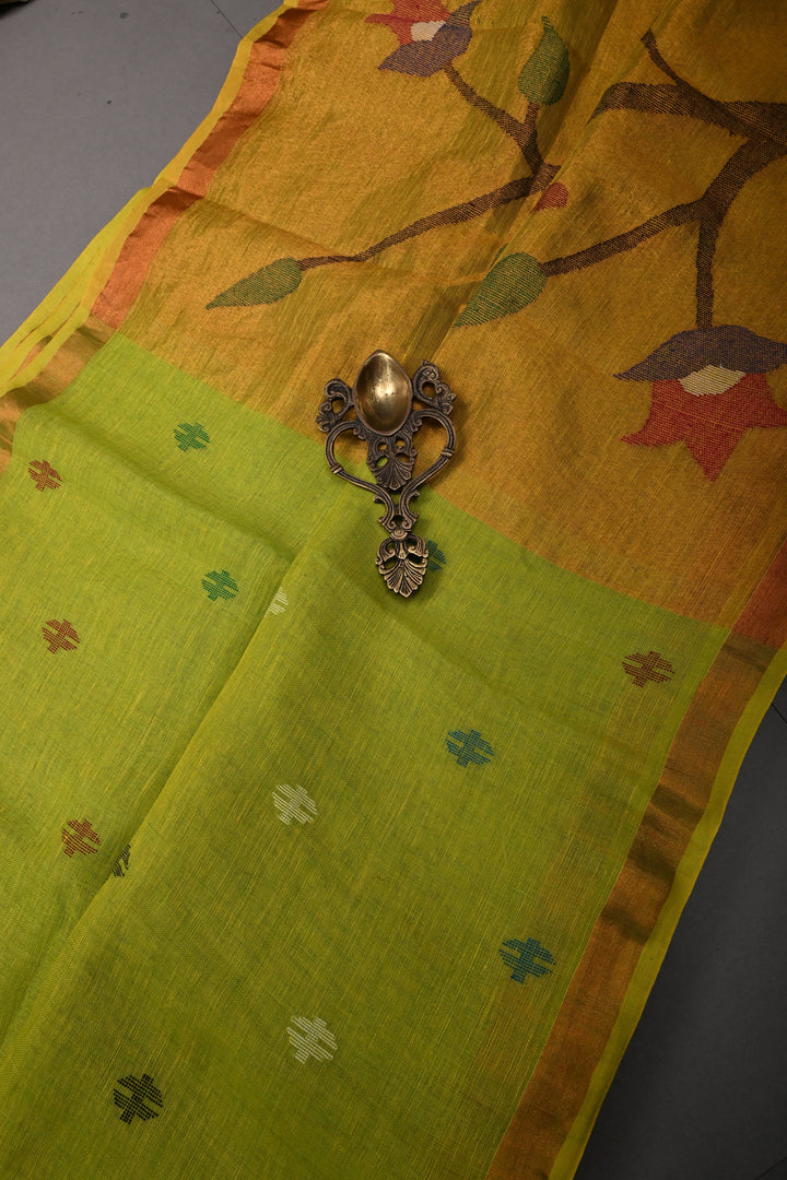 Chartreuse Handloom Linen with Paithani Border Saree | SHOBITAM