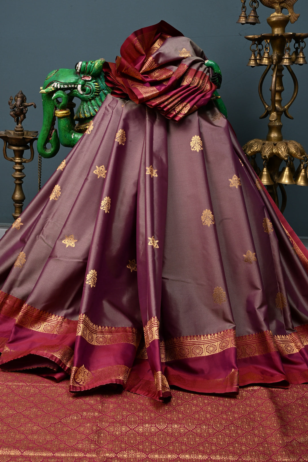 Gray Dual tone Kanchi Semi Silk Saree with Zari Buttas and Rettaipet Contrast Zari Border | SHOBITAM