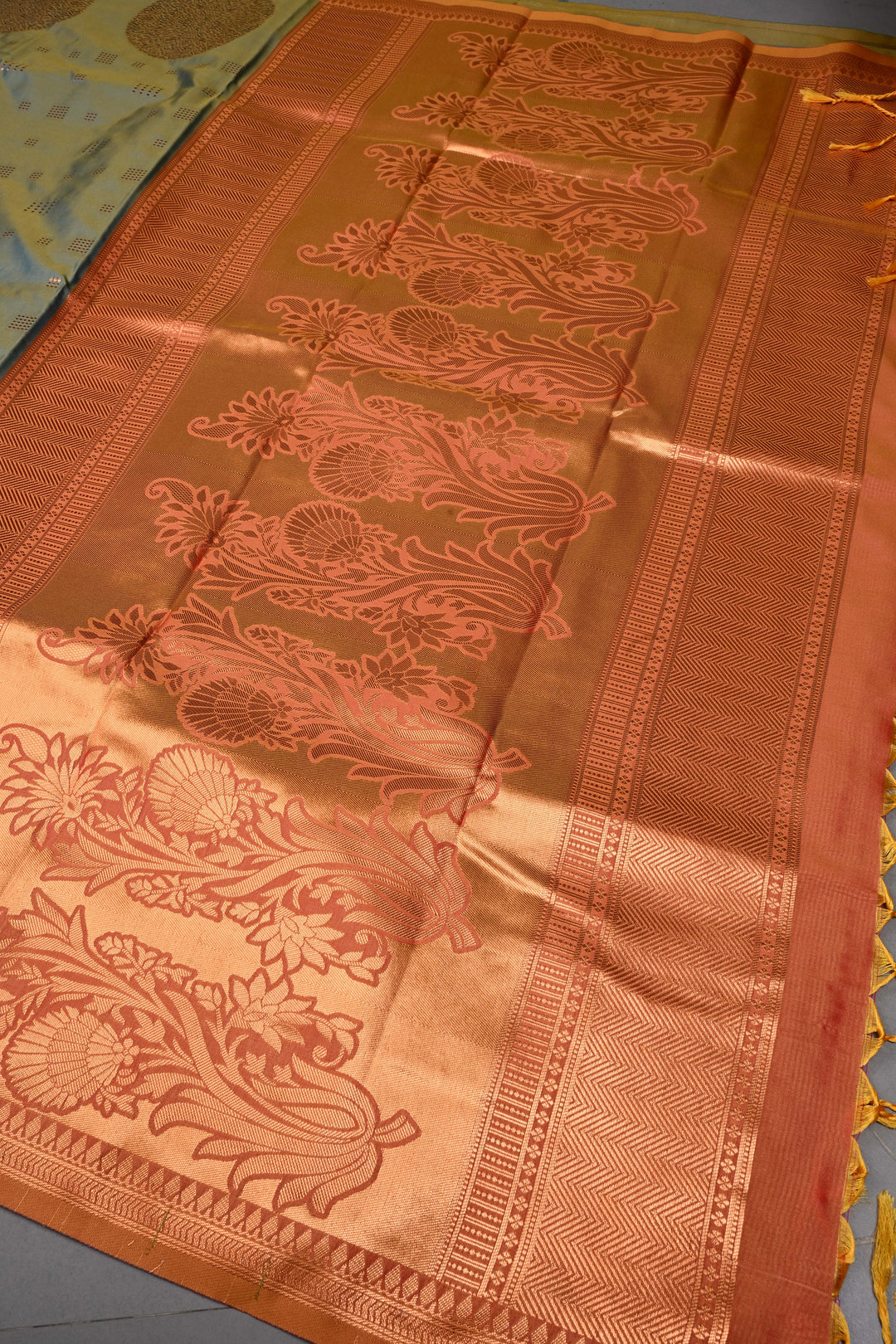 Green-Mustard Dual tone Kanchi Semi Silk Saree with Zari Buttas and Mandala Motifs on Zari Border | SHOBITAM