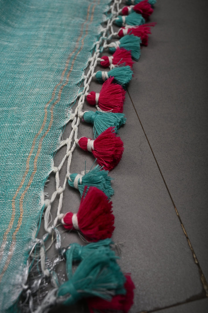 Sea Green Handloom Linen Saree with Woven Tree of Life Bird Motif Pallu | SHOBITAM