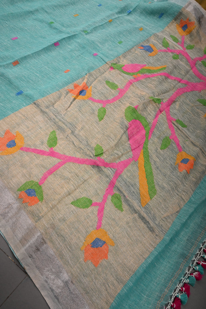 Sea Green Handloom Linen Saree with Woven Tree of Life Bird Motif Pallu | SHOBITAM
