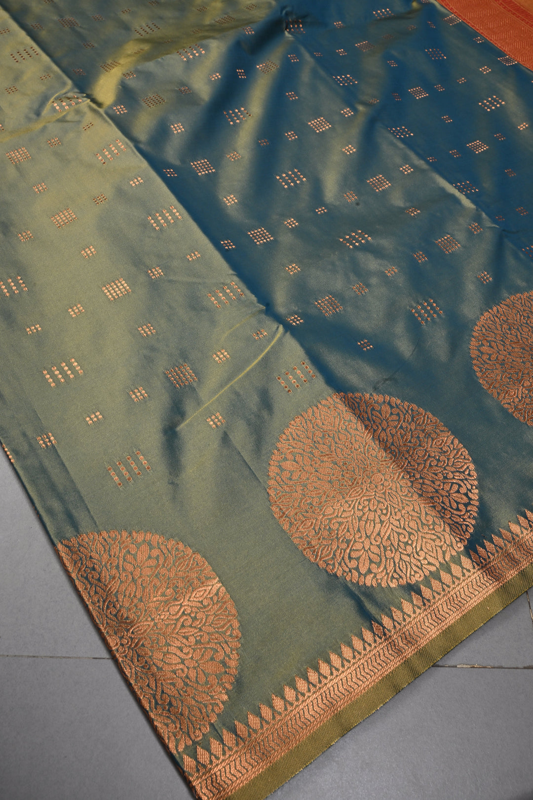 Green-Mustard Dual tone Kanchi Semi Silk Saree with Zari Buttas and Mandala Motifs on Zari Border | SHOBITAM