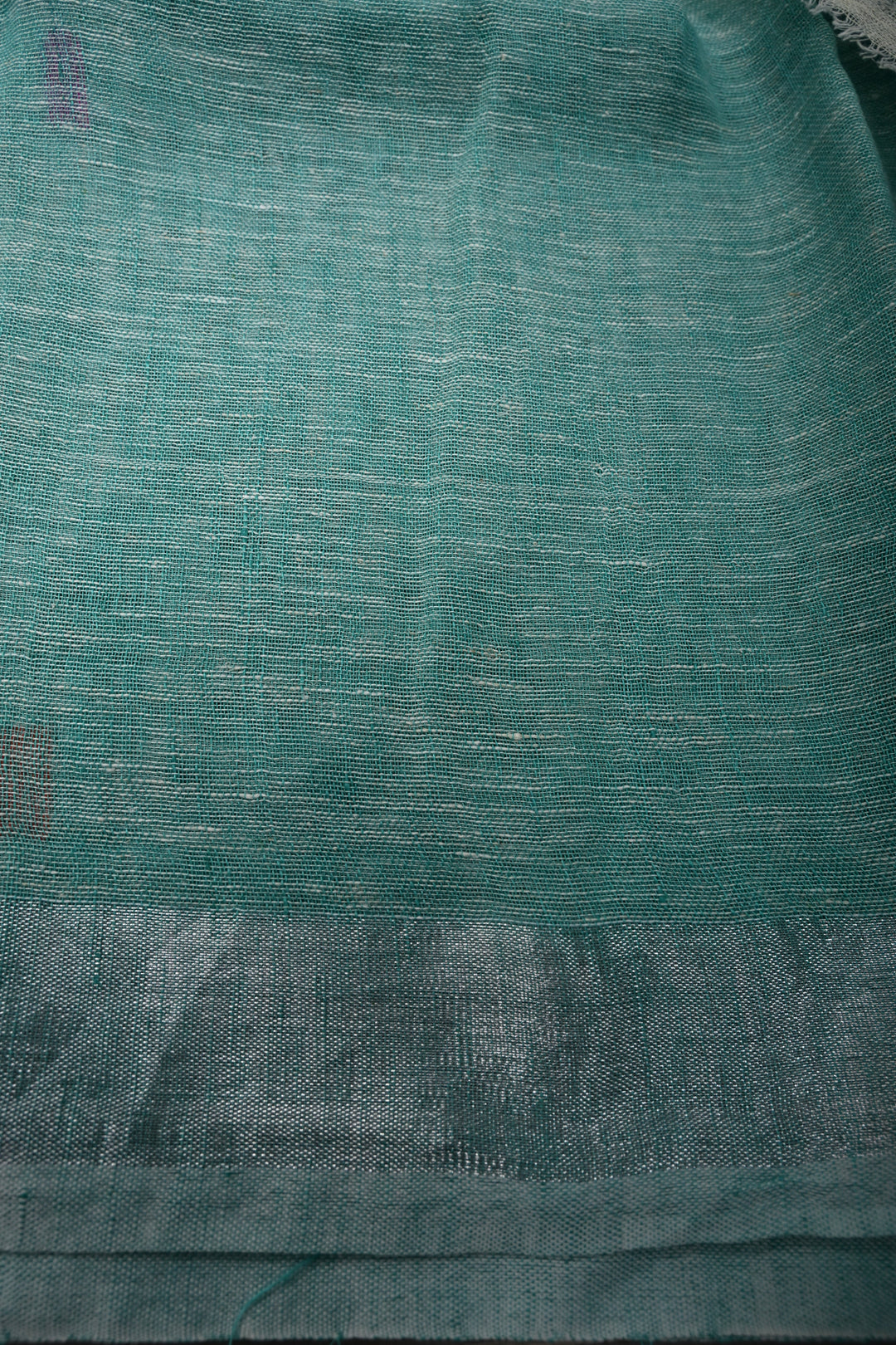 Sea Green Handloom Linen Saree with Woven Tree of Life Bird Motif Pallu | SHOBITAM