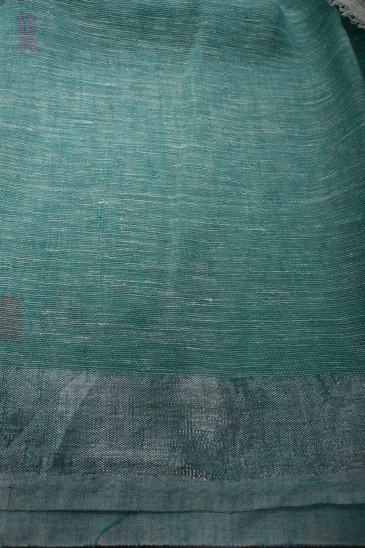 Sea Green Handloom Linen Saree with Woven Tree of Life Bird Motif Pallu | SHOBITAM