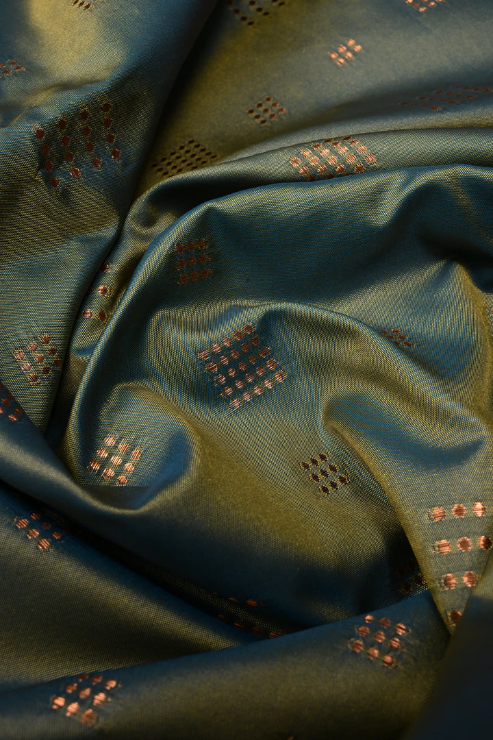 Green-Mustard Dual tone Kanchi Semi Silk Saree with Zari Buttas and Mandala Motifs on Zari Border | SHOBITAM