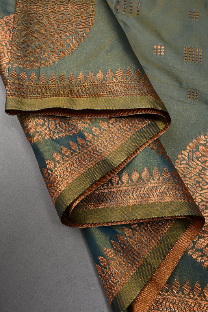 Green-Mustard Dual tone Kanchi Semi Silk Saree with Zari Buttas and Mandala Motifs on Zari Border | SHOBITAM