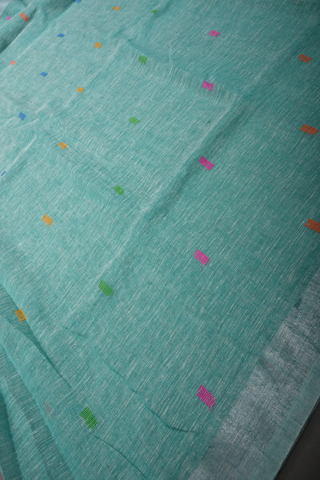 Sea Green Handloom Linen Saree with Woven Tree of Life Bird Motif Pallu | SHOBITAM