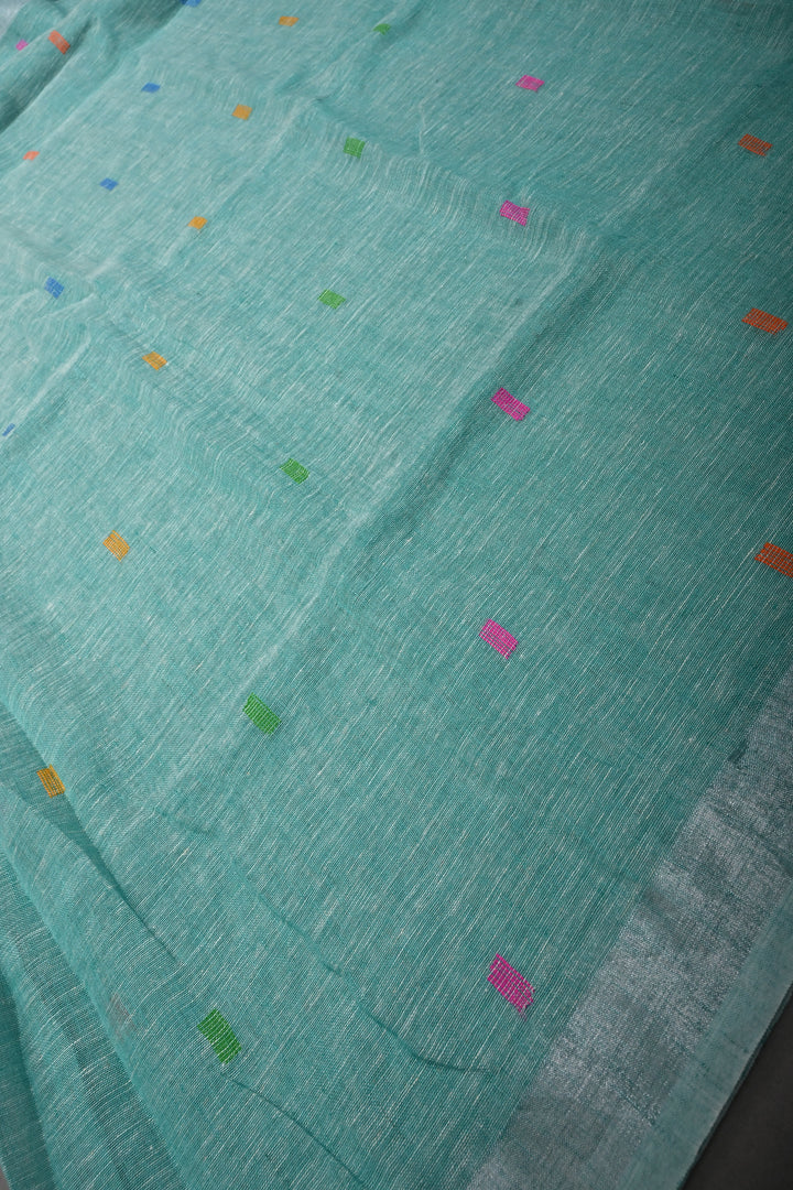 Sea Green Handloom Linen Saree with Woven Tree of Life Bird Motif Pallu | SHOBITAM
