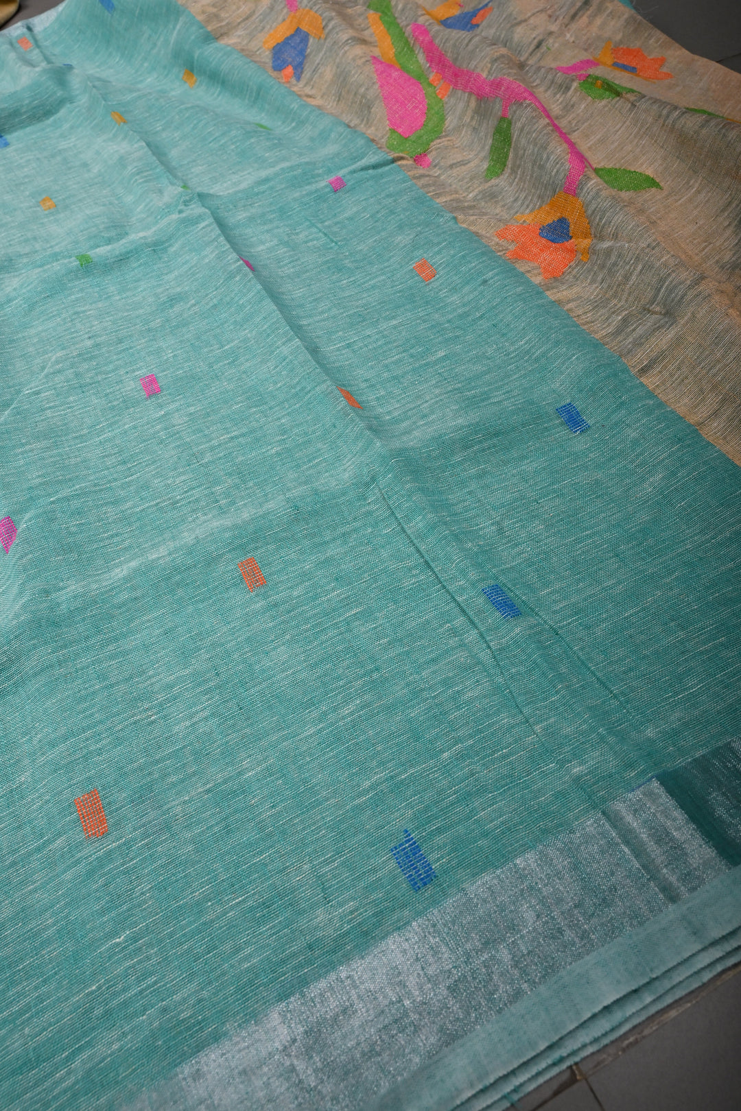 Sea Green Handloom Linen Saree with Woven Tree of Life Bird Motif Pallu | SHOBITAM