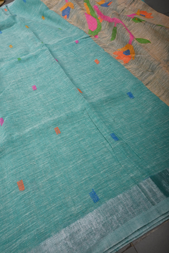 Sea Green Handloom Linen Saree with Woven Tree of Life Bird Motif Pallu | SHOBITAM